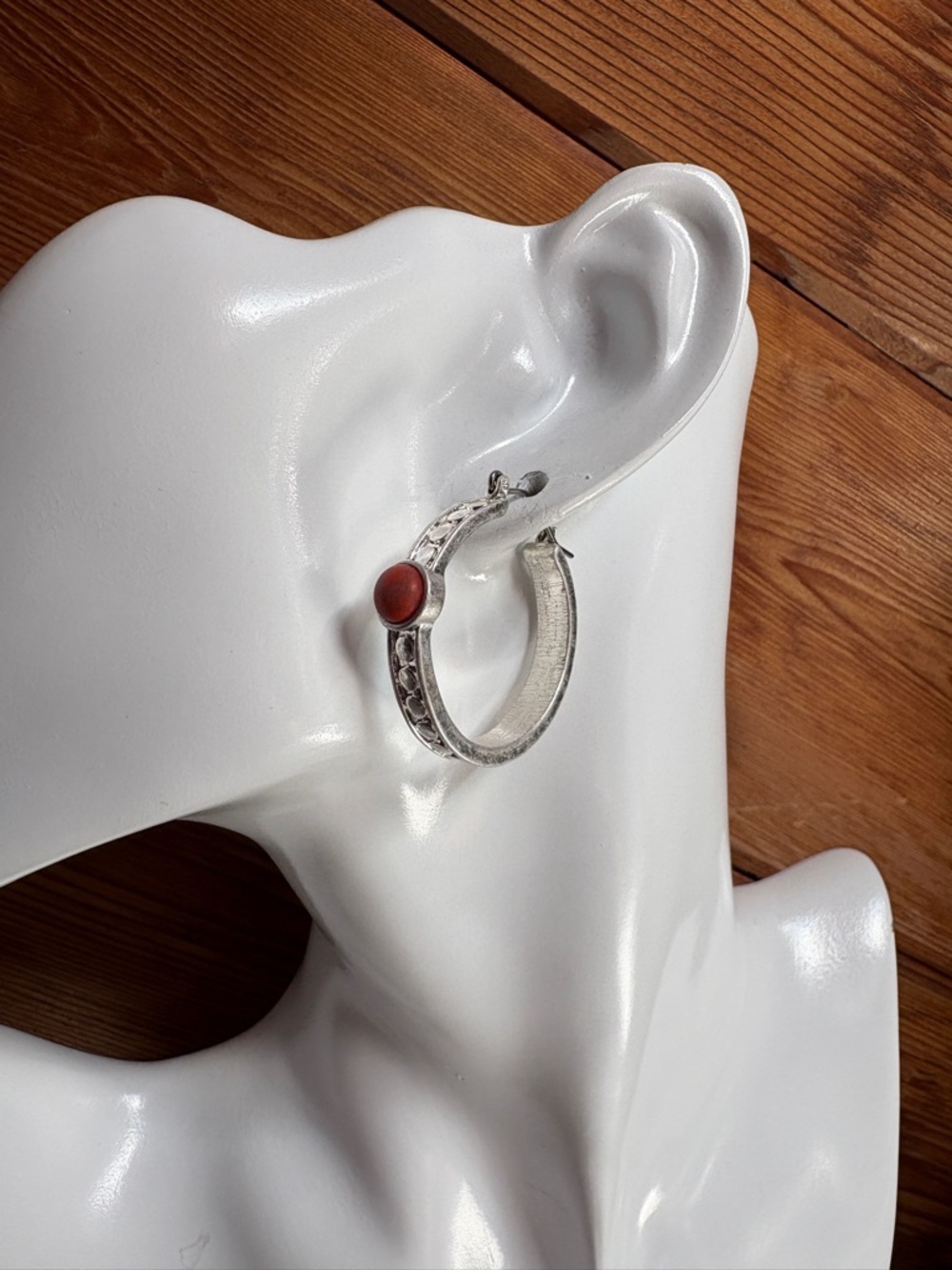 Hoop Earrings with Red Coral Accent
